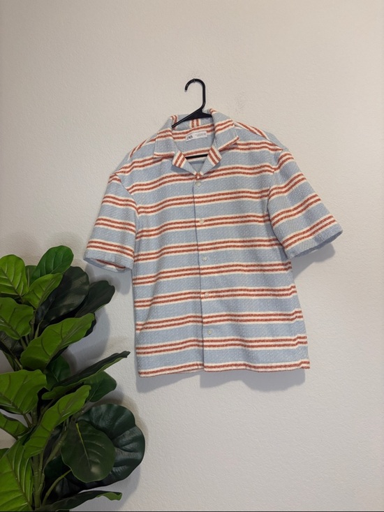Zara Other - Zara Short-Sleeve textured Striped Button-Down Shirt in Light Blue and Orange